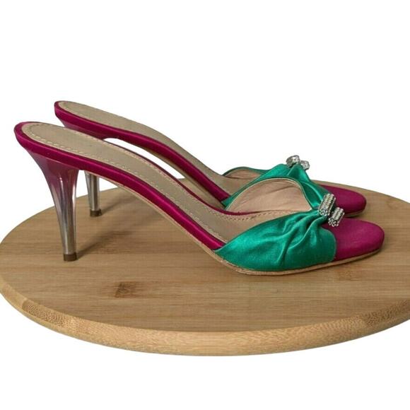 Luis Onofre Satin Bow Heels 6.5 Green Pink Jewel Slip On Designer Sandals Shoes - Picture 2 of 7